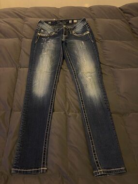 Miss Me Distressed Skinny Jeans in Dark Blue with Fading